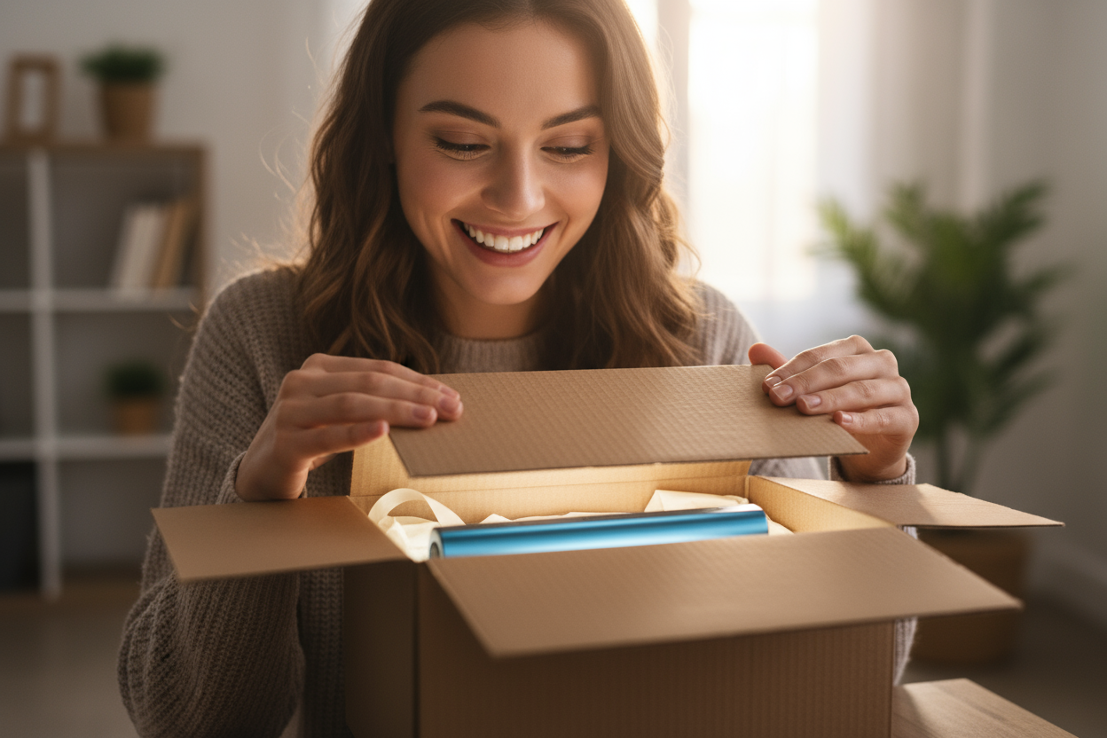 a customer unboxing the product with a happy face